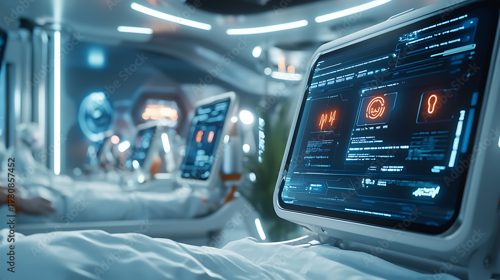 Fototapeta premium Innovative healthcare solutions futuristic medical facility digital interface high-tech environment close-up viewpoint secure health insurance networks illuminated by cyber technology