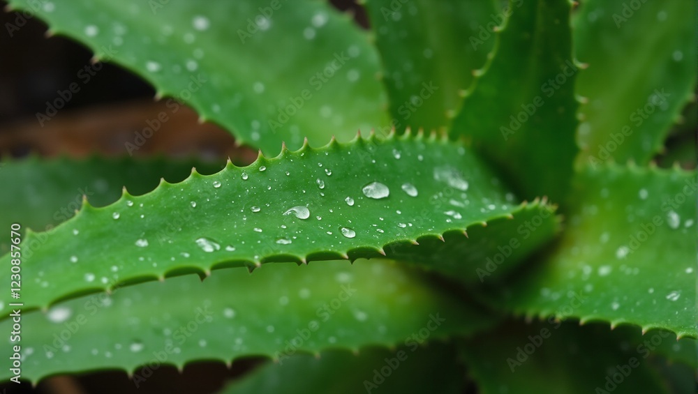 Aloe vera leaf with water droplets soft indoor light Aloe vera leaf with water droplets soft indoor light