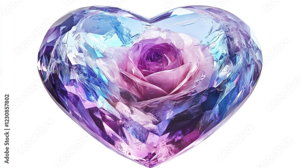 A heart-shaped gemstone with a rose frozen inside, magical fantasy illustration, ultra-detailed, isolated on white background. A heart-shaped gemstone with a rose frozen inside, magical fantasy illustration, ultra-detailed, isolated on white background.