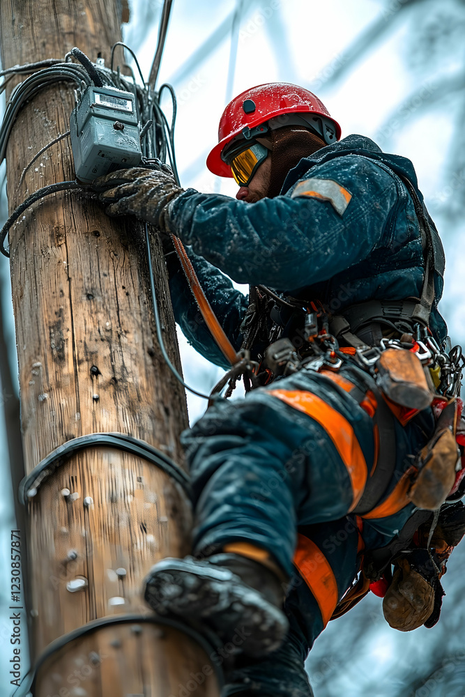 Obraz premium Utility Worker in Safety Gear Maintaining Power Lines on Wooden Pole - Professional Infrastructure Maintenance