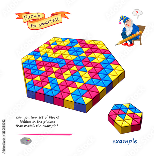Can you find set of blocks hidden in the picture that match the example? Logic game for smartest. 3D puzzle. Developing spatial thinking. Page for brain teaser book. IQ test. Flat vector illustration.