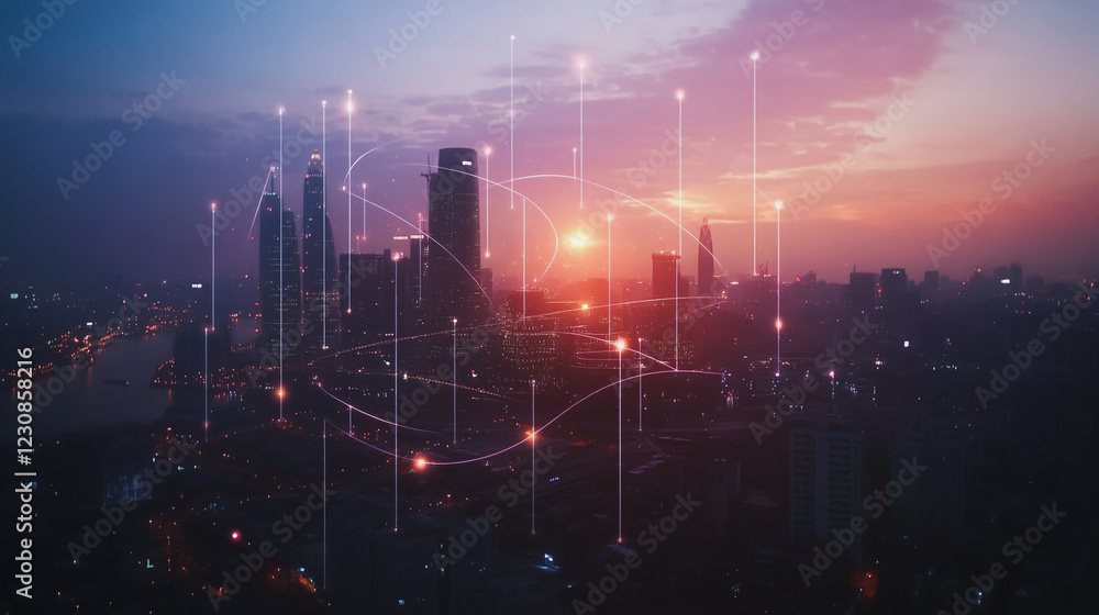 Obraz premium Abstract business man stands on Smart digital Innovation city with connection network reciprocity over the twilight cityscape. of future wireless digital city and social media networking systems