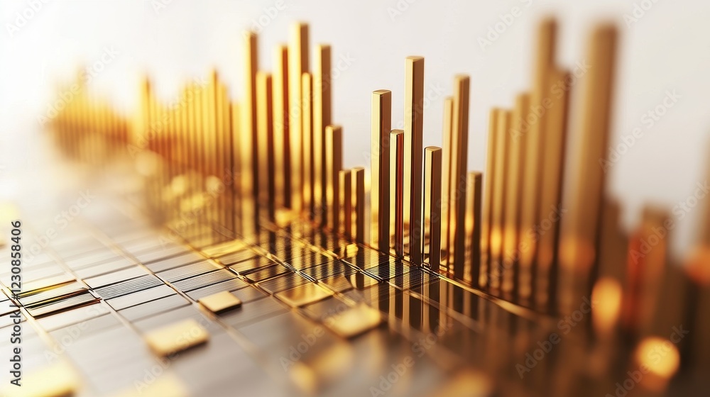 A rising stock market chart with golden bars, investment theme, 3D rendering, isolated on white background. A rising stock market chart with golden bars, investment theme, 3D rendering, isolated on white background.