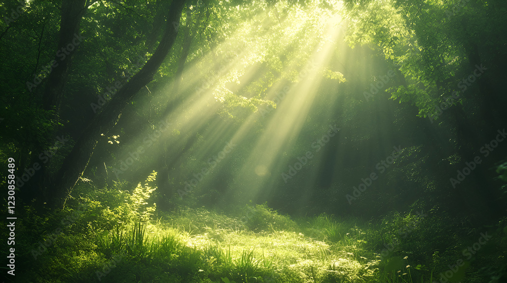 Obraz premium morning view of sunlight ray in the green forest.ai generative