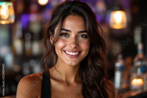 portrait of a young smiling Costa Rican female bartender against blurred bar background