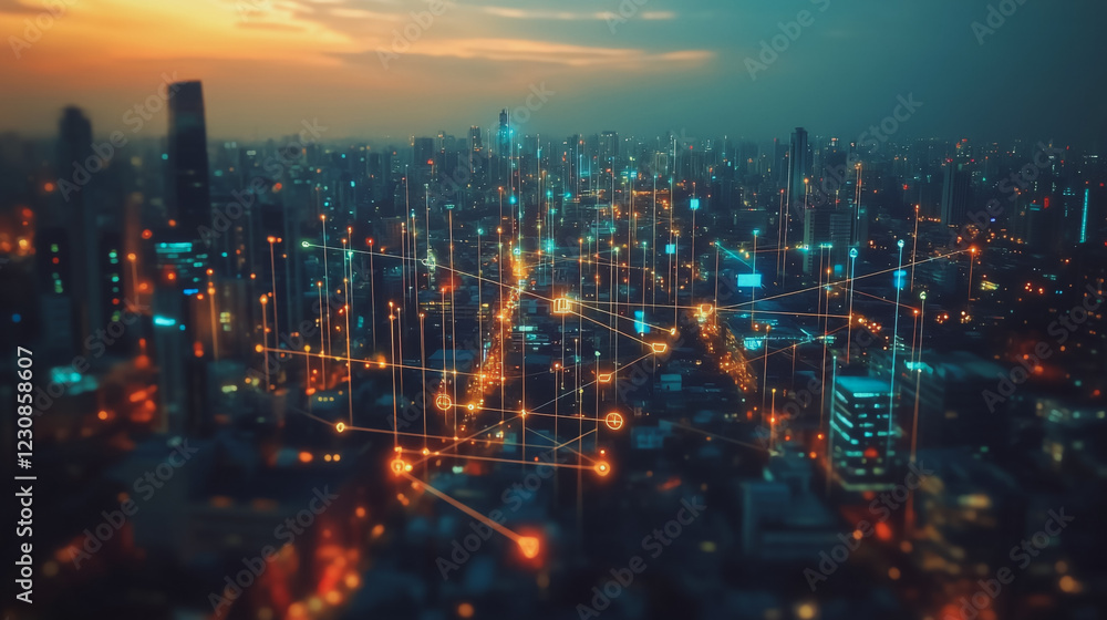 Fototapeta premium Abstract business man stands on Smart digital Innovation city with connection network reciprocity over the twilight cityscape. of future wireless digital city and social media networking systems