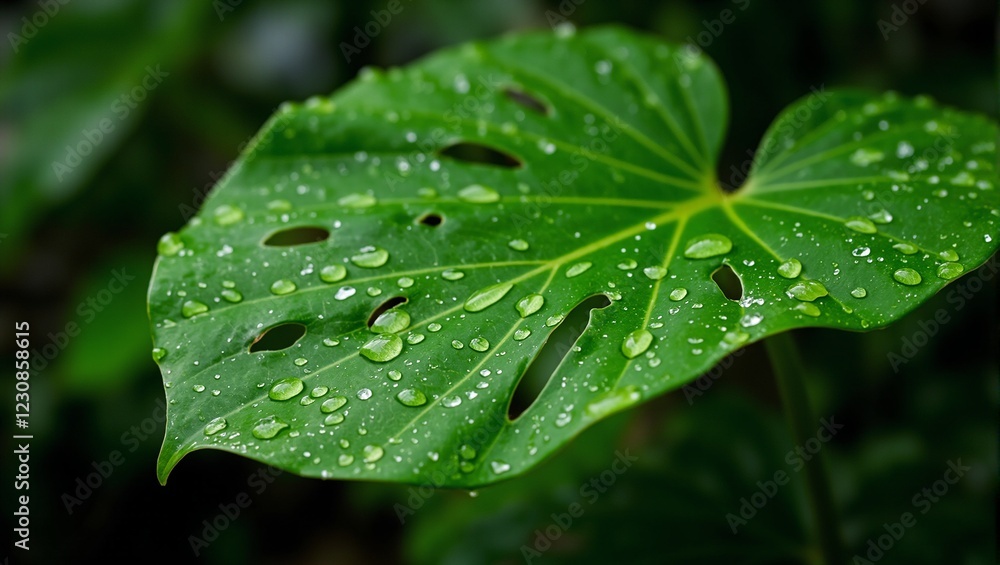 Lush monstera leaf with raindrops on blurred tropical backdrop Lush monstera leaf with raindrops on blurred tropical backdrop