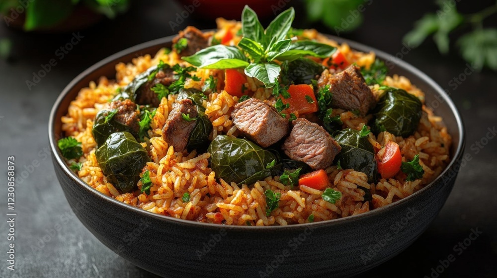 Dark Bowl of Beef and Spinach Rice Dish Dark Bowl of Beef and Spinach Rice Dish