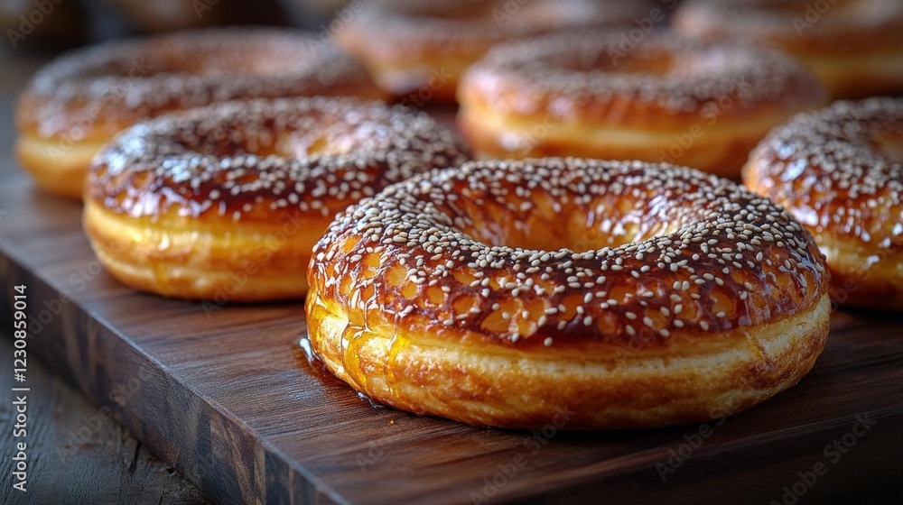 Close Up of Glazed Sesame Donuts on Dark Wood Board Close Up of Glazed Sesame Donuts on Dark Wood Board