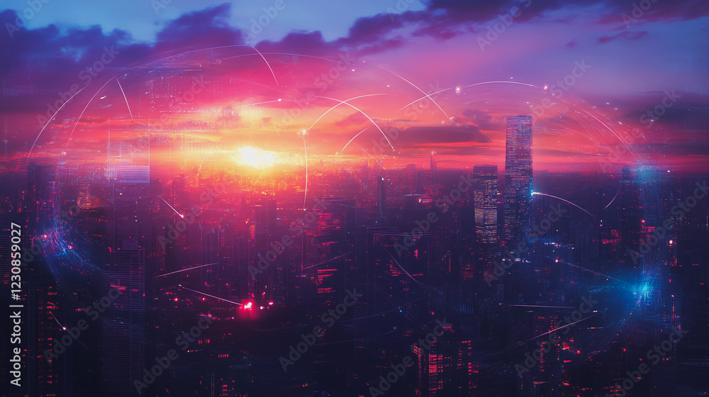 Abstract business man stands on Smart digital Innovation city with connection network reciprocity over the twilight cityscape. of future wireless digital city and social media networking systems Abstract business man stands on Smart digital Innovation city with connection network reciprocity over the twilight cityscape. of future wireless digital city and social media networking systems