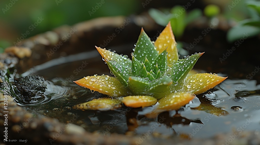 Fototapeta premium Dew Kissed Succulent In A Stone Basin