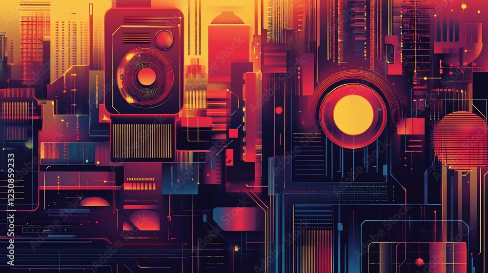 Abstract digital cityscape with geometric shapes, vibrant red and yellow tones and intricate line work Abstract digital cityscape with geometric shapes, vibrant red and yellow tones and intricate line work