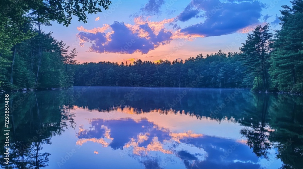 Fototapeta premium Serene Sunset Reflection Over a Tranquil Lake