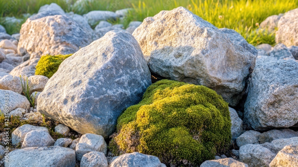 Bright sunlight illuminates mossy rocks and pebbles. Bright sunlight illuminates mossy rocks and pebbles.