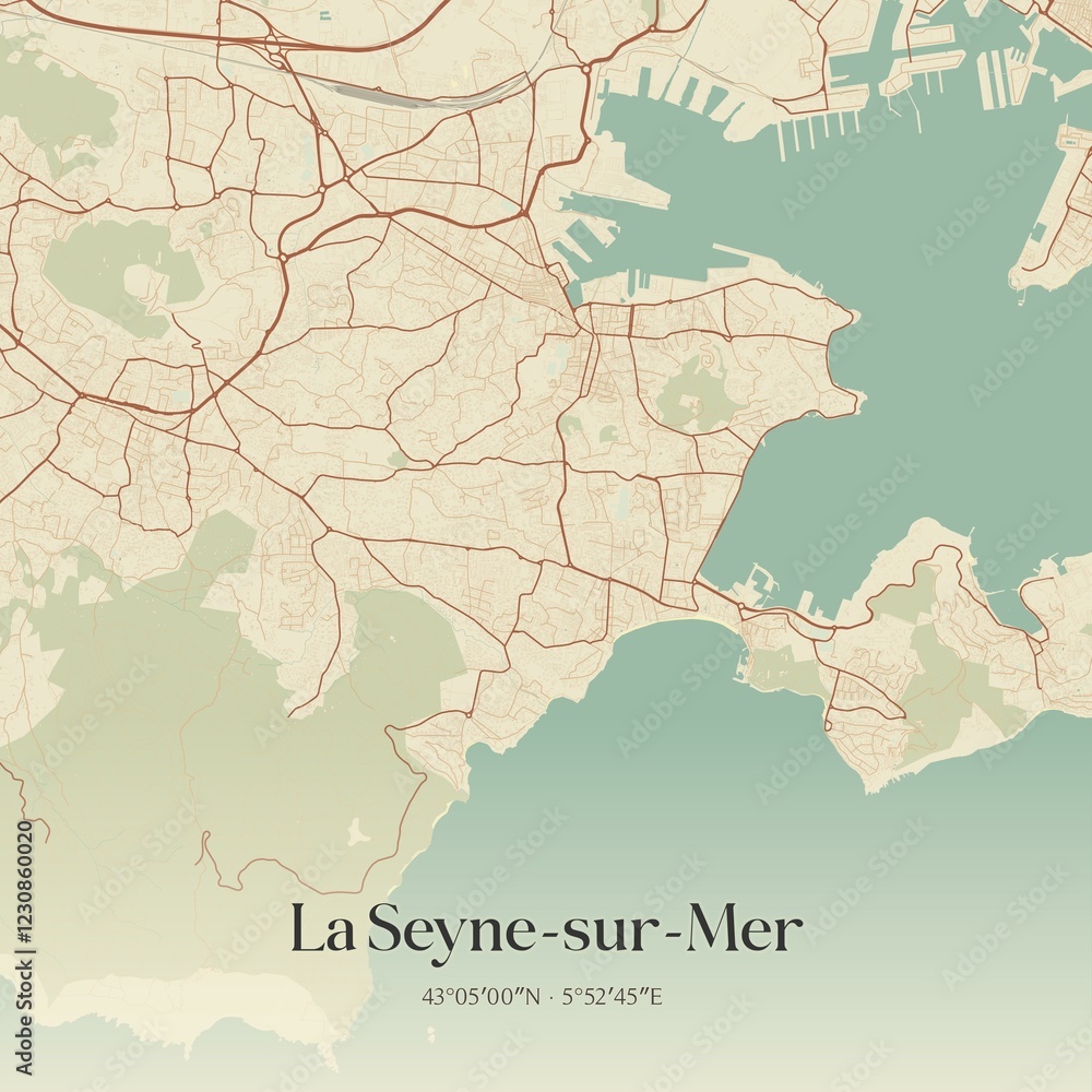 Obraz premium Retro map of La Seyne-sur-Mer, Provence-Alpes-C�te d'Azur, France. Vintage street map.