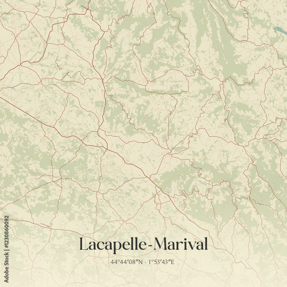 Fototapeta premium Retro map of Lacapelle-Marival, Occitanie, France. Vintage street map.