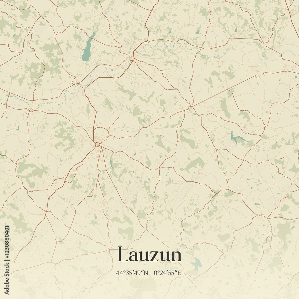 Fototapeta premium Retro map of Lauzun, Nouvelle-Aquitaine, France. Vintage street map.