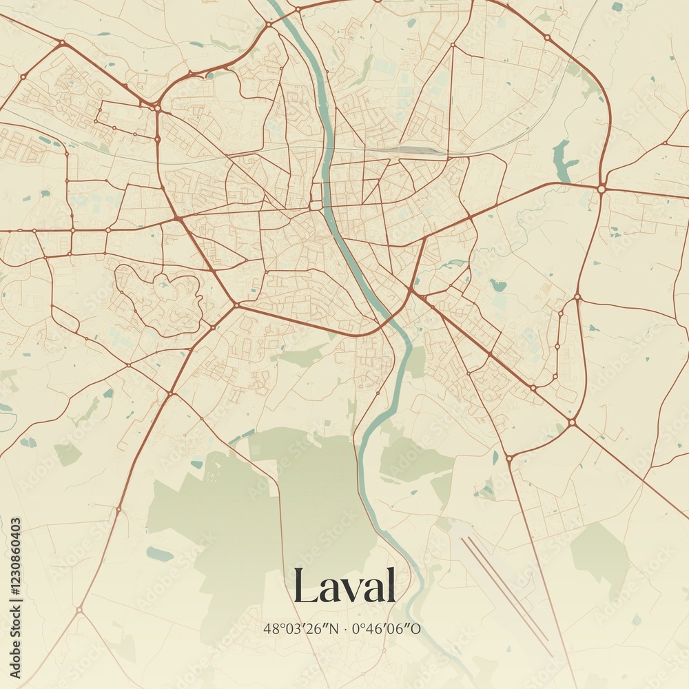 Fototapeta premium Retro map of Laval, Pays de la Loire, France. Vintage street map.