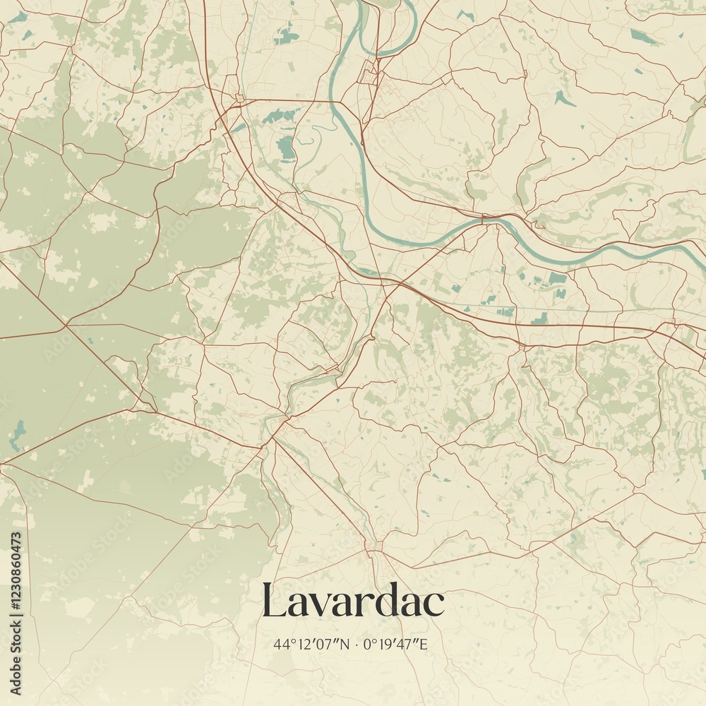 Fototapeta premium Retro map of Lavardac, Nouvelle-Aquitaine, France. Vintage street map.