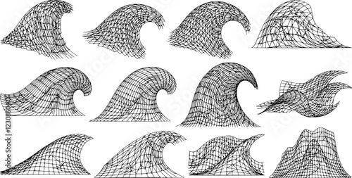 Abstract Distorted Outline Wireframe Retro futuristic Waves Set. Collection of grids, perspectives, striped shapes, elements.
