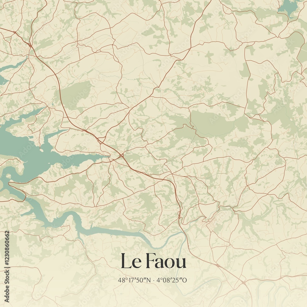 Fototapeta premium Retro map of Le Faou, Bretagne, France. Vintage street map.