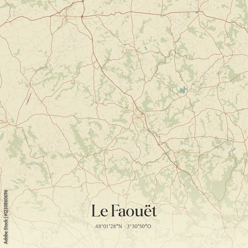 Retro map of Le Faou�t, Bretagne, France. Vintage street map.