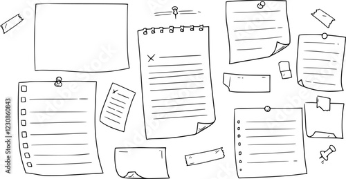 Doodle paper notes, stickers, sticky sheets and tape set. To do list, memo messages with curled corner, notepads and torn paper with pin
