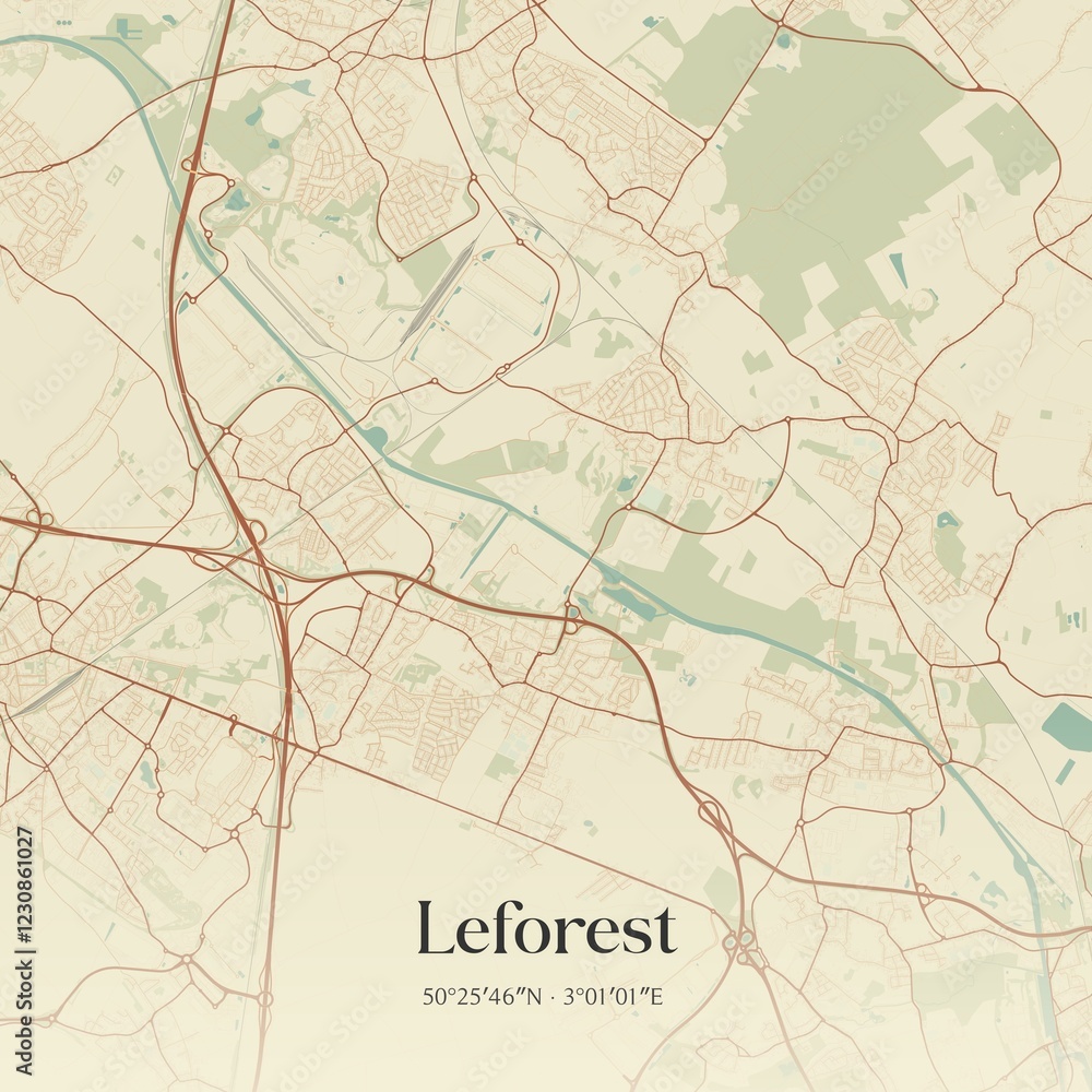 Fototapeta premium Retro map of Leforest, Hauts-de-France, France. Vintage street map.