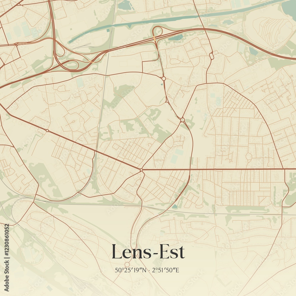 Fototapeta premium Retro map of Lens-Est, Hauts-de-France, France. Vintage street map.