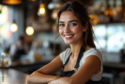 portrait of a young smiling Italian female bartender against blurred bar background