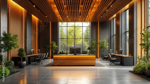Modern office reception  wood design  city view  plants