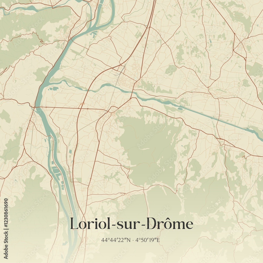 Fototapeta premium Retro map of Loriol-sur-Dr�me, Auvergne-Rh�ne-Alpes, France. Vintage street map.