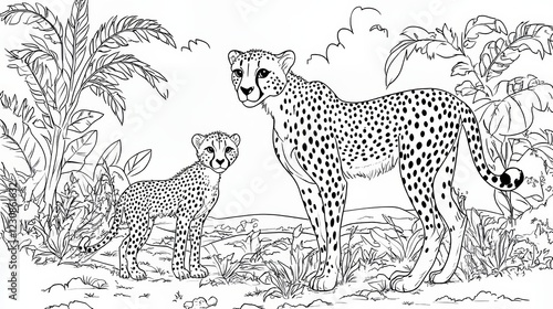 A cheetah mother and cub in the African savanna, illustrated as line art for a coloring page photo