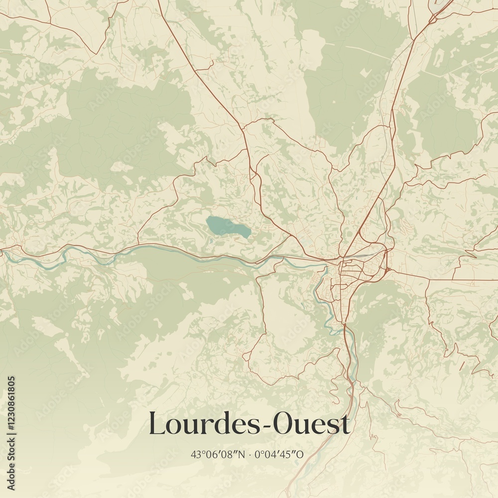 Fototapeta premium Retro map of Lourdes-Ouest, Occitanie, France. Vintage street map.