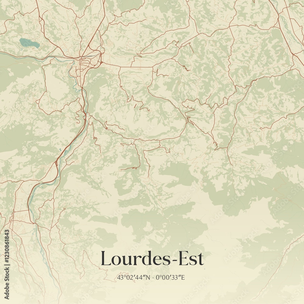 Obraz premium Retro map of Lourdes-Est, Occitanie, France. Vintage street map.