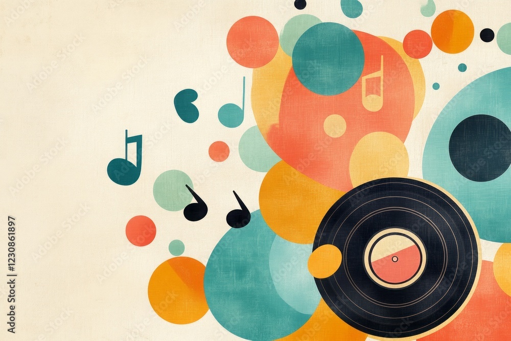 Obraz premium A retro-style illustration of a vinyl record player with musical notes floating around it 