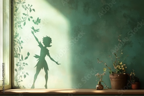 A magical illustration of Peter Pan casting a shadow on the wall, with his iconic pose and mischievous smile