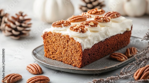 A festive serving of moist pumpkin bread with a thick layer of cream cheese frosting, side of pecans, styled with Thanksgiving decor