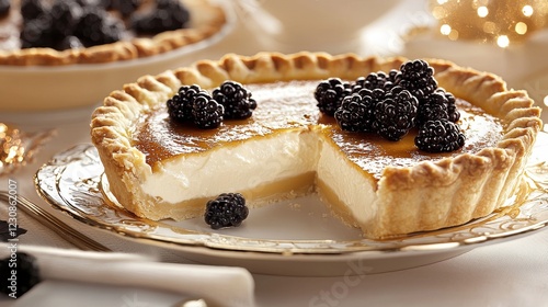 A festive Thanksgiving table adorned with classic desserts, focus on a buttermilk pie with a slice missing, showing its creamy texture, warm tones