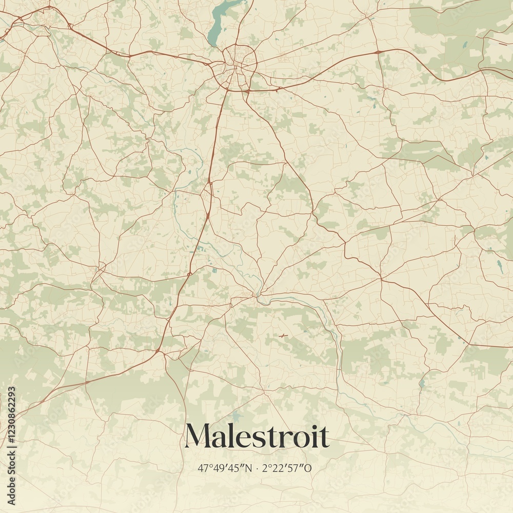 Obraz premium Retro map of Malestroit, Bretagne, France. Vintage street map.