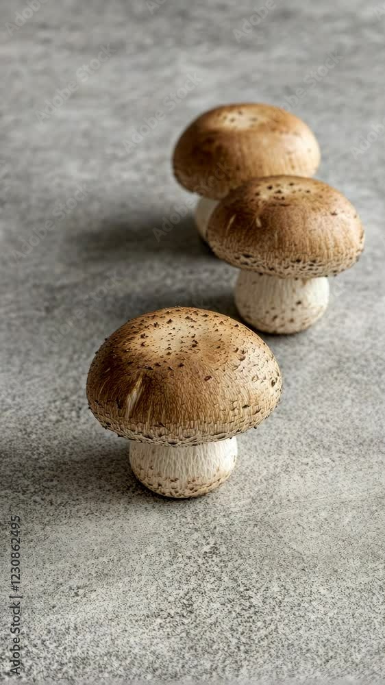 Fresh brown mushrooms arranged on a rustic countertop showcasing their natural texture and color Fresh brown mushrooms arranged on a rustic countertop showcasing their natural texture and color
