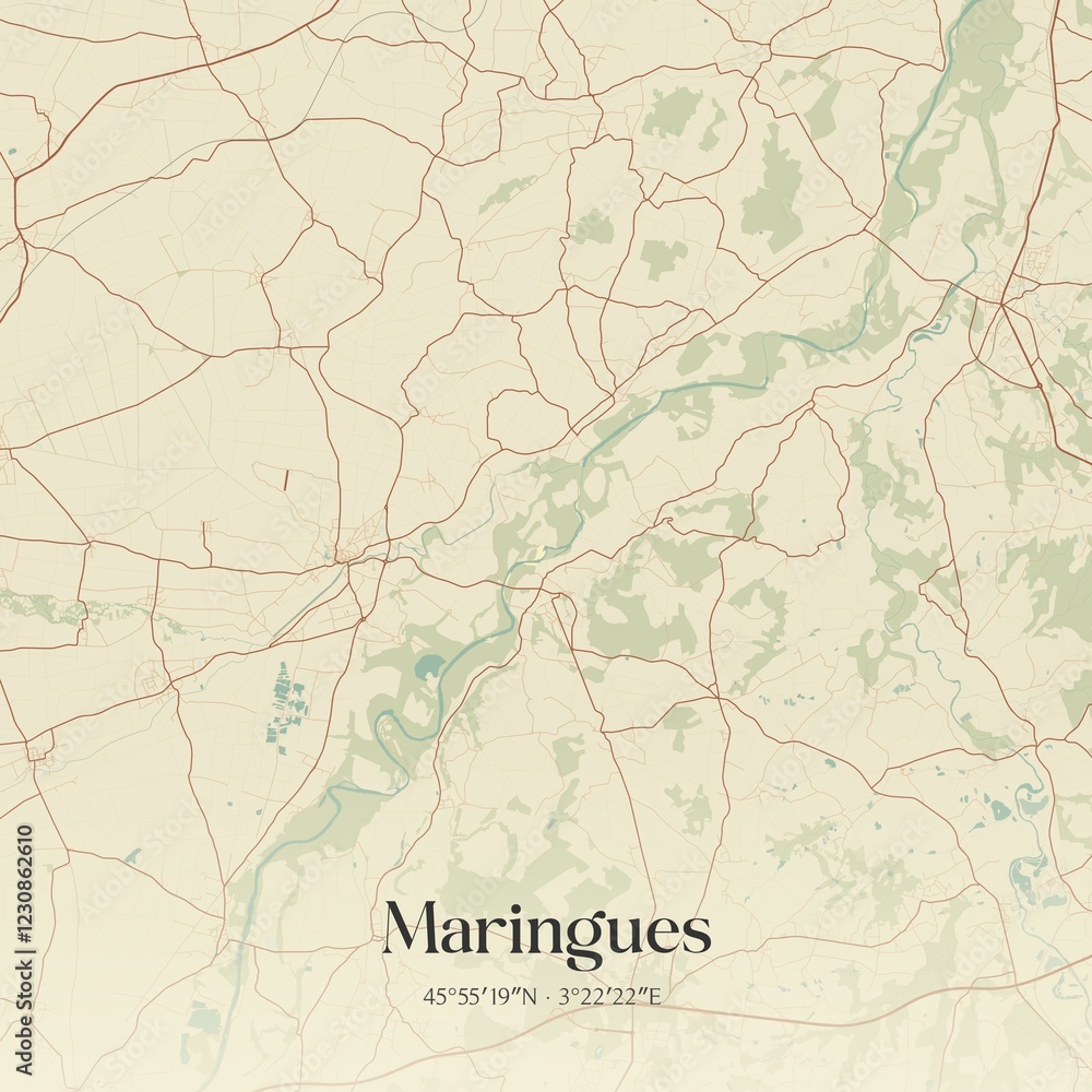 Fototapeta premium Retro map of Maringues, Auvergne-Rh�ne-Alpes, France. Vintage street map.