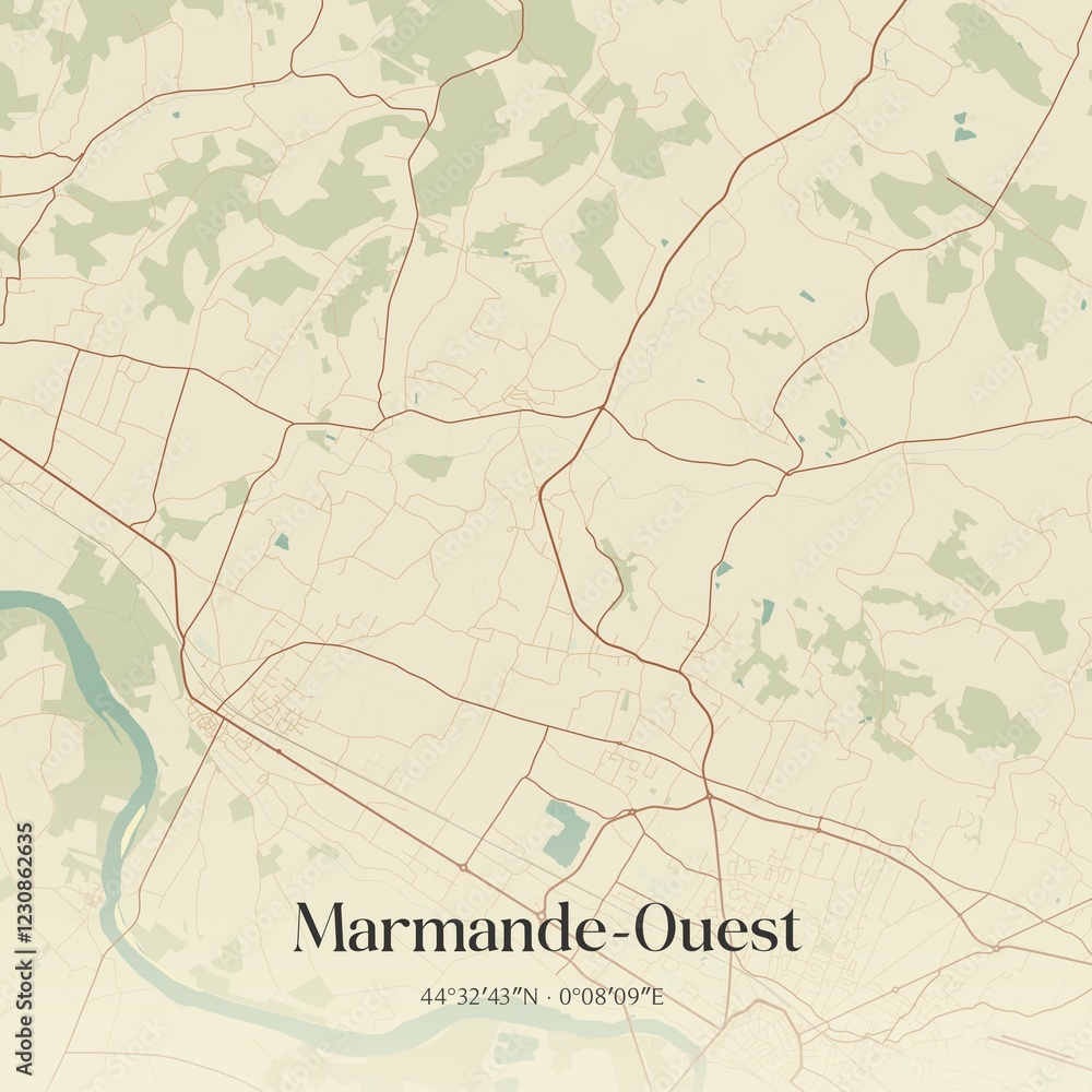 Fototapeta premium Retro map of Marmande-Ouest, Nouvelle-Aquitaine, France. Vintage street map.