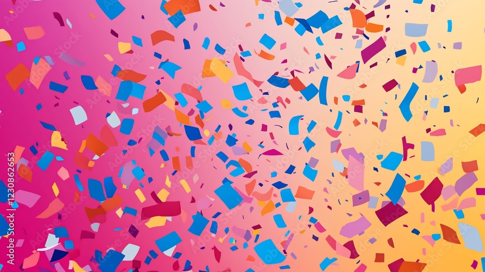 Colorful confetti raining down over a pink and yellow gradient background for celebration Colorful confetti raining down over a pink and yellow gradient background for celebration