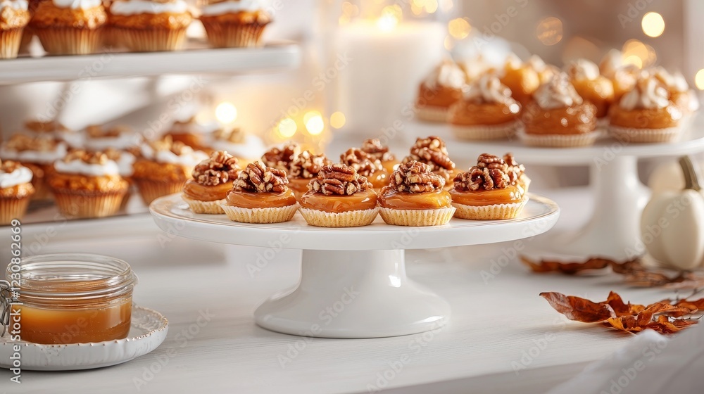 Naklejka premium A festive Thanksgiving dessert table with pecan and maple cookies, mini pumpkin tarts, and caramel sauce, lit with soft natural light
