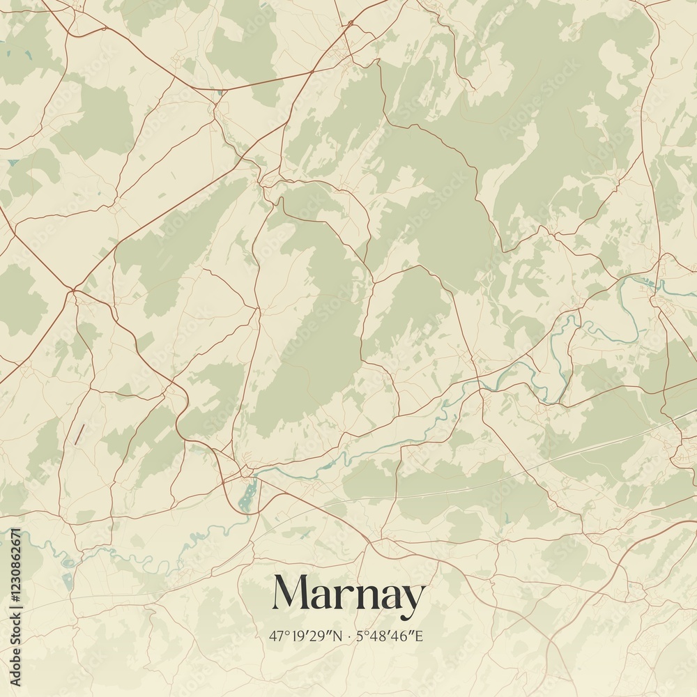 Fototapeta premium Retro map of Marnay, Bourgogne-Franche-Comt�, France. Vintage street map.