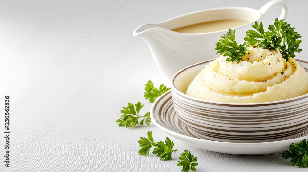 A festive plate featuring mashed potatoes, gravy boat in the background, garnished with fresh parsley, soft focus background elements, isolated on white background A festive plate featuring mashed potatoes, gravy boat in the background, garnished with fresh parsley, soft focus background elements, isolated on white background