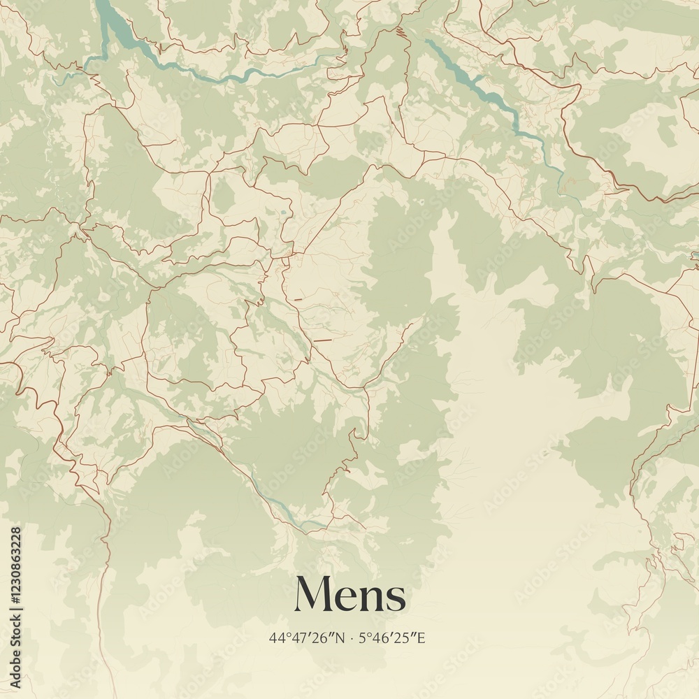 Fototapeta premium Retro map of Mens, Auvergne-Rh�ne-Alpes, France. Vintage street map.