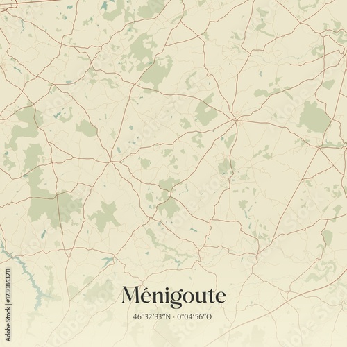 Retro map of M�nigoute, Nouvelle-Aquitaine, France. Vintage street map.
