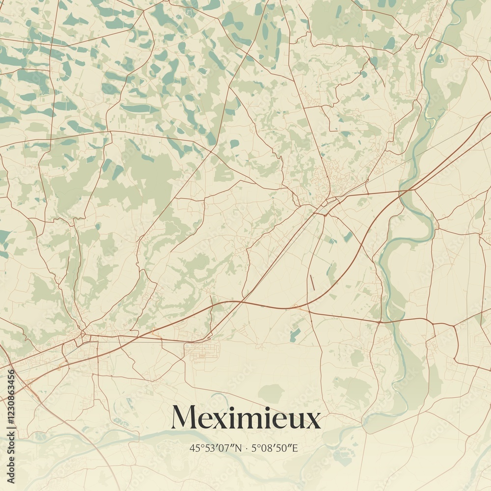 Fototapeta premium Retro map of Meximieux, Auvergne-Rh�ne-Alpes, France. Vintage street map.